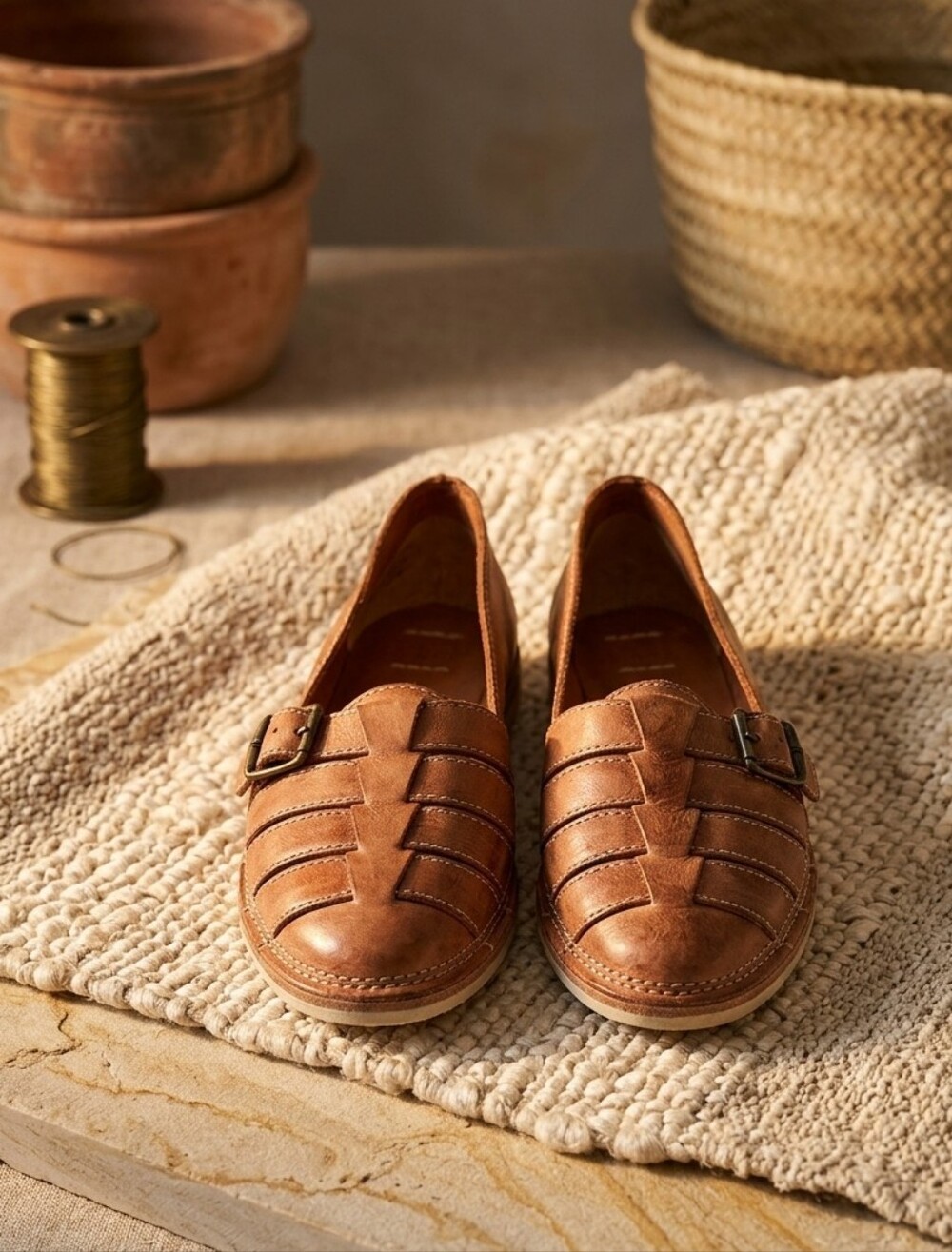 Frye Milly Fisherman Cognac Leather Slip On Flats, Huarache Style, Size 8.5